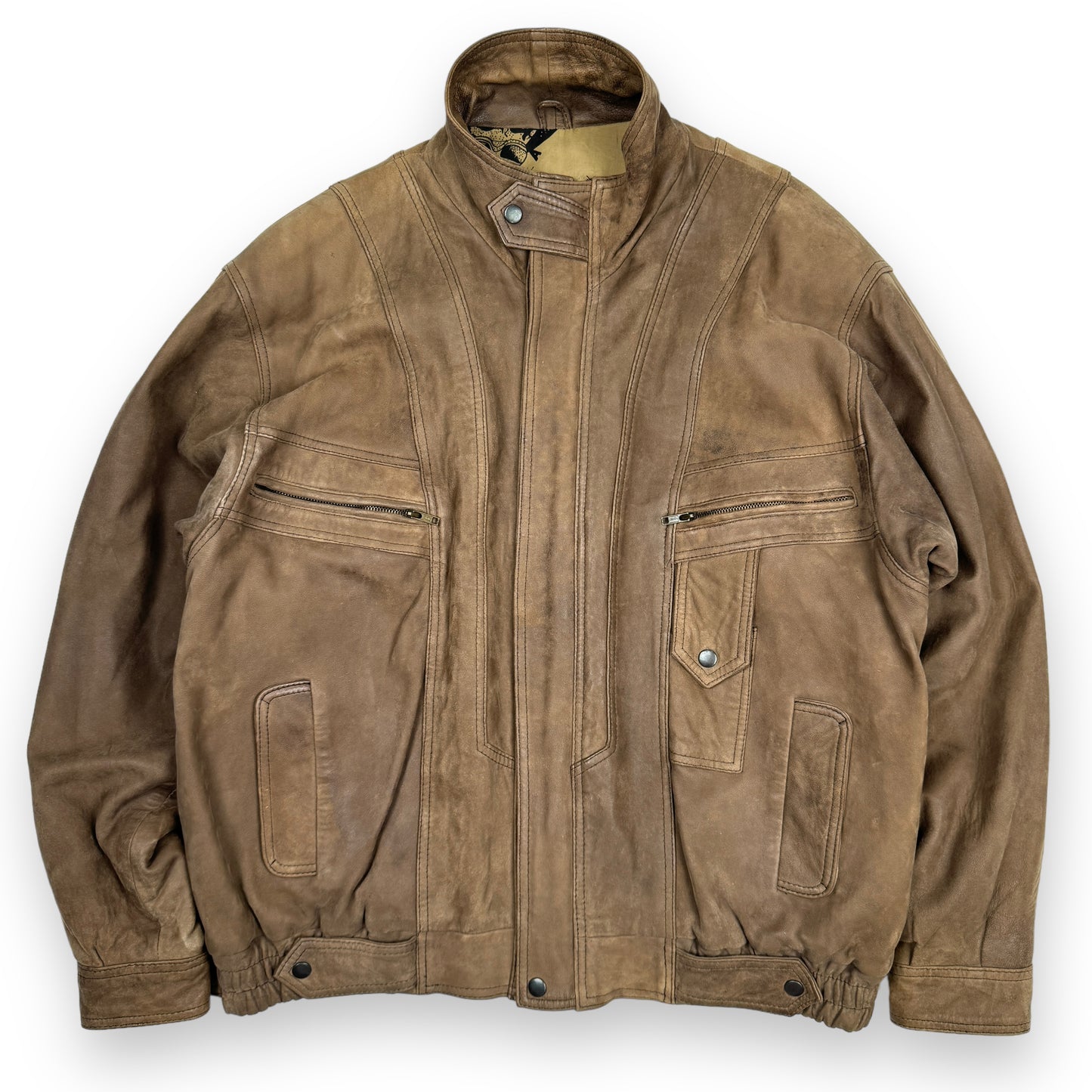 Vintage Genuine Leather/Suede Bomber Jacket with Map Lining