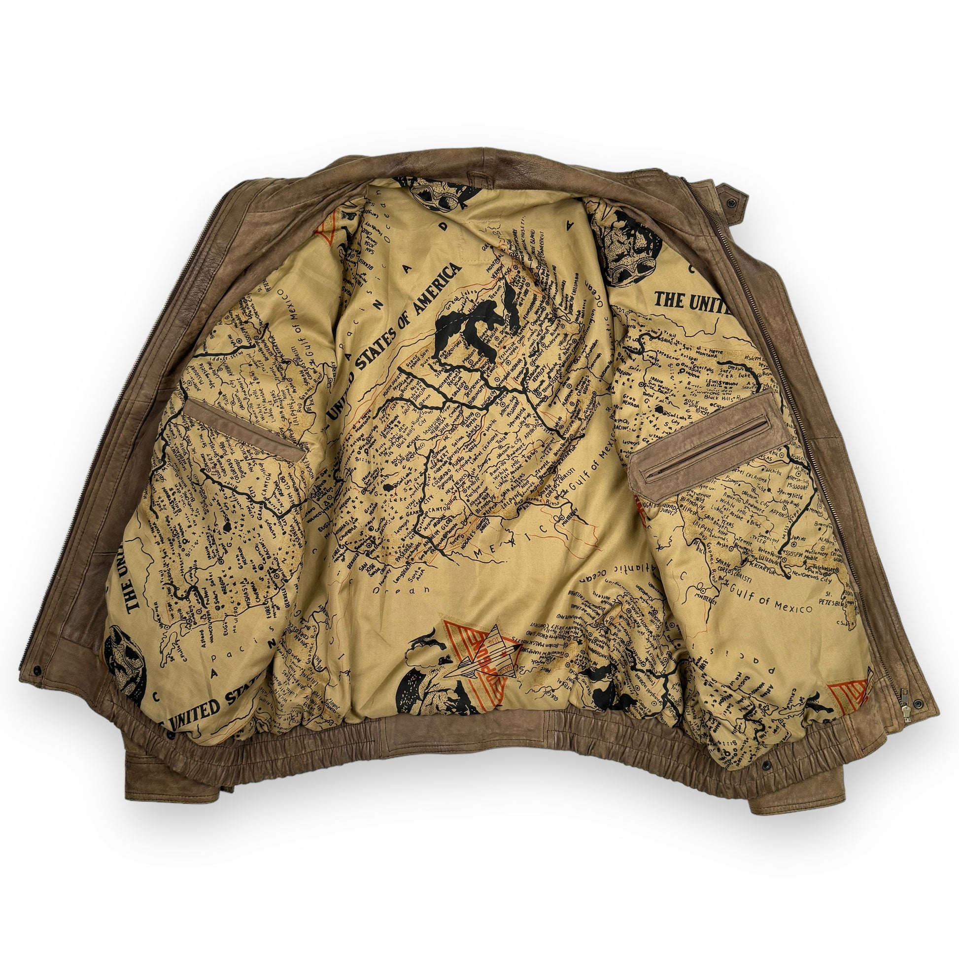 Vintage Genuine Leather/Suede Bomber Jacket with Map Lining – 300700